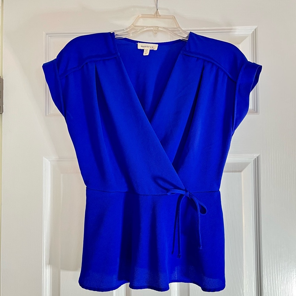 COPY - Electric Blue Short Sleeve, V-neck Peplum Top, Size M